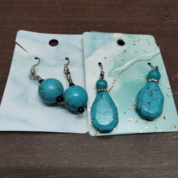 Set of 2 Pairs Turquoise Blue Color Silver Tone Dangle Drop Pierced Ear Earrings - Picture 1 of 5